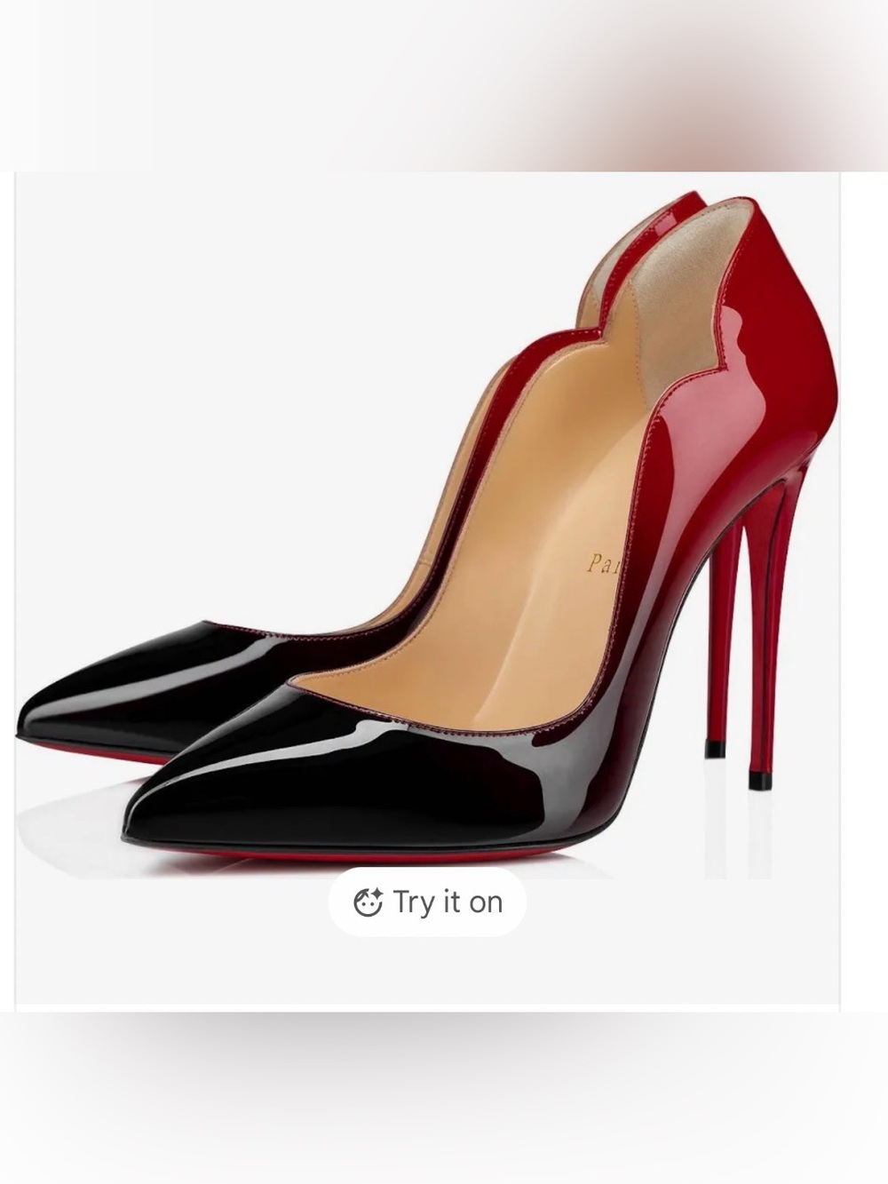 Christian Louboutin Black and Red Patent Scalloped Stiletto Pumps.